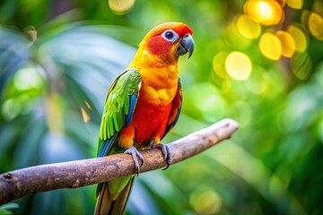 Obraz premium Vibrant Colorful Conure Perched on a Branch with Lush Greenery in a Bright Natural Environment