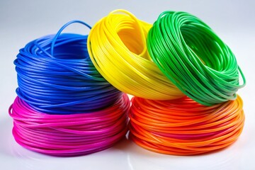 Vibrant Colorful Plastic String Coiled on a White Background Ideal for Crafting and Design Projects