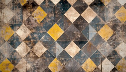 Worn checkered tile floor with yellow, blue, and brown tiles.