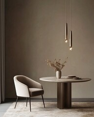 Minimalist dining room interior with a round table, a chair, a vase with dried flowers, and two pendant lights.