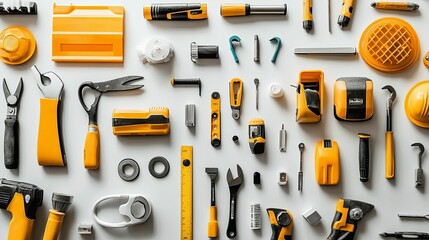 Flat Lay of Yellow and Black Tools on a White Background
