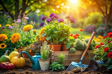 Fototapeta premium Vibrant Community Garden Clipart Illustrating Diverse Plants, Flowers, and Gardening Tools for Projects