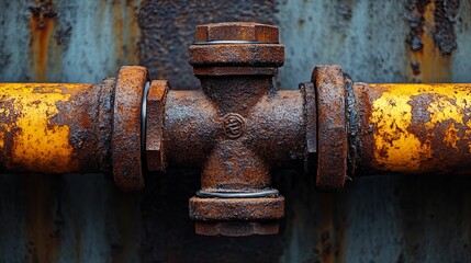 Close-up of a rusted and weathered cross-shaped pipe fitting