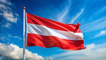 Naklejka premium Vibrant Country Red and White Flag Billowing in the Wind Against a Clear Blue Sky Background