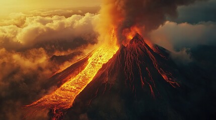Fototapeta premium Majestic Big Volcano Erupting with Fiery Lava and Smoke Against a Stunning Landscape, Capturing the Power of Nature