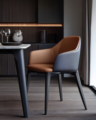 Modern brown and grey leather dining chair in a contemporary kitchen.