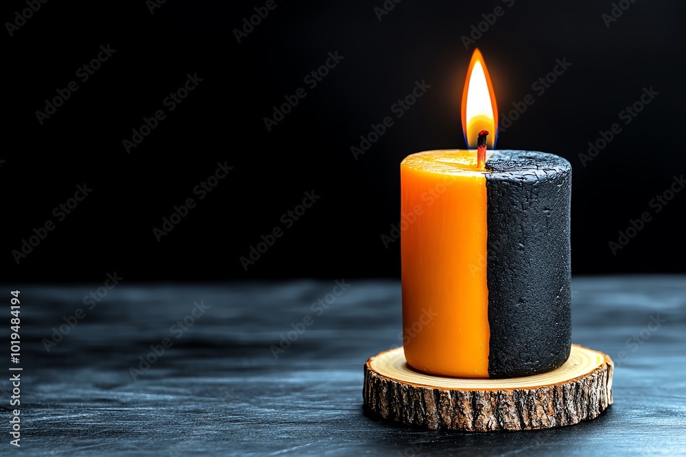 Poster realistic depiction of a candle burning with a flame on one side and darkness on the other, represen