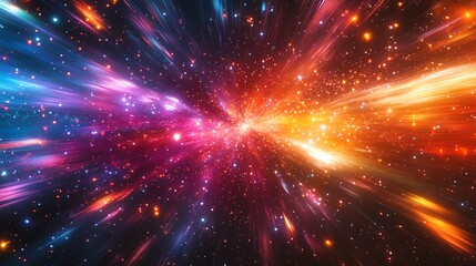 Abstract cosmic explosion with vivid colors and light trails.