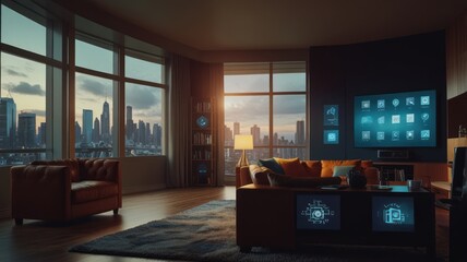 Fototapeta premium Modern living room with smart home technology and a stunning city view.