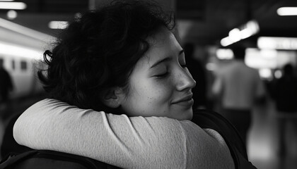 Fototapeta premium Emotional goodbyes at airports or train stations, focusing on connection and separation