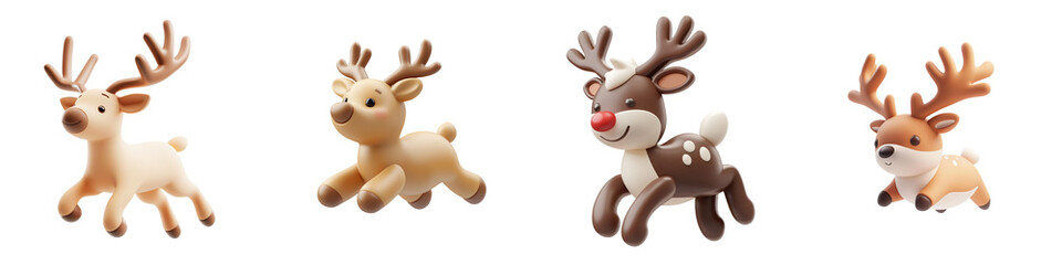 Obraz premium PNG 3d icons and objects collection Cute cartoon reindeer figures in various poses and colors, perfect for festive themes, on transparent, white background, isolate