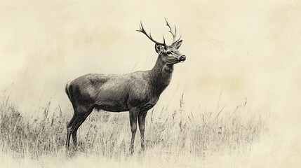 A Black and White Pencil Sketch of a Deer with Antlers Standing in Tall Grass