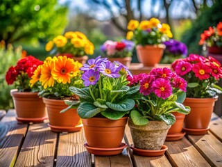 Vibrant Flower Pots Arranged Beautifully on a Wooden Table in a Bright and Cheerful Setting