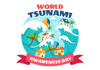 World Tsunami Awareness Day Vector Illustration on November 5, featuring Waves Crashing into Houses, Trees, and Buildings in a Flat Style Background
