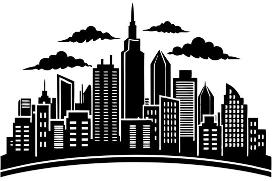 black and white city skyline with clouds