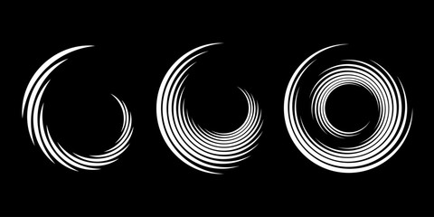 Set of white abstract  lines in spiral form. Round form. Geometric art. Trendy design element for frame, logo, tattoo, sign, symbol, web, social media, prints, posters, template, pattern, background