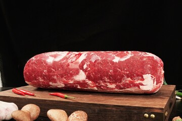 Fresh and clean pork bones and pork placed on the table, top view and indoor photography