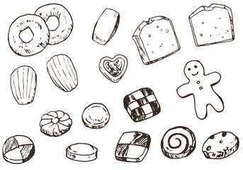 Black and white pen drawing illustration of cookies and baked goods.