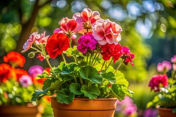 Fototapeta premium Vibrant Geranium Pot with Colorful Blooms in a Sunny Garden Setting on a Warm Summer Day