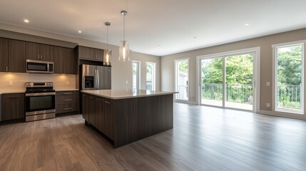 Beautiful Modern Kitchen. An empty modern kitchen with a large island, high-end appliances, and natural light, perfect for real estate or home renovation ads.