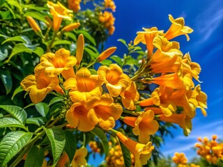 Fototapeta premium Vibrant Golden Trumpet Vine Blooms Against a Clear Blue Sky in a Lush Garden Setting