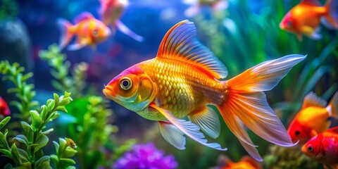 Fototapeta premium Vibrant Goldfish Swimming Gracefully in a Crystal Clear Aquarium Surrounded by Colorful Plants