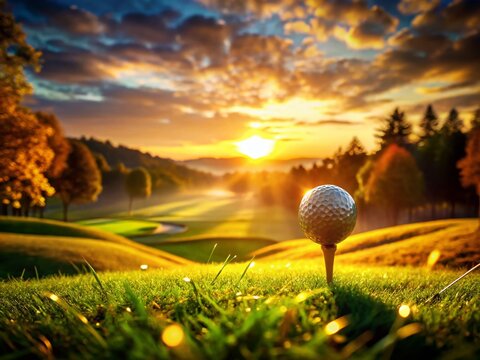 Vibrant golf course tee box with golden hues surrounded by lush greenery and natural scenery