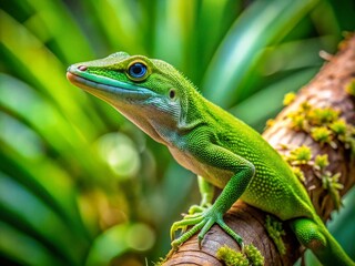 Fototapeta premium Vibrant Green Anole Lizard Perched on Branch in Lush Tropical Environment with Natural Habitat