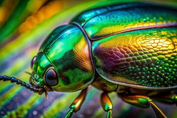 Vibrant green beetle wing showcasing iridescence and intricate patterns in nature's design