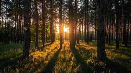 Obraz premium Pine forest in the fog at sunrise. illustration.