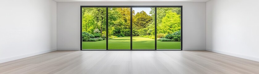 Naklejka premium Minimalist living space with large glass doors opening to a garden, light wood floors, white walls, simple yet elegant decor, modern aesthetic, photorealistic render
