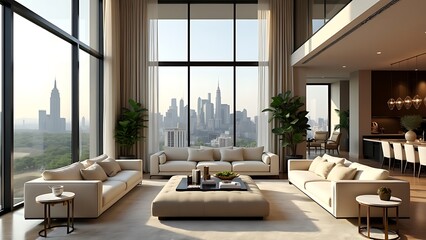 Fototapeta premium luxury architecture house in Dubai, 3d interior of contemporary art deco living dining room, modern expensive designer furniture, big glass windows, city skyline skyscraper, landmark tower background.