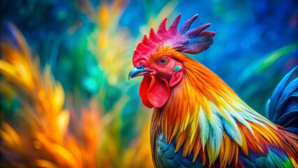 Fototapeta premium A majestic rooster with vibrant plumage, showcasing a captivating blend of rich hues, standing amidst a vibrant natural backdrop.