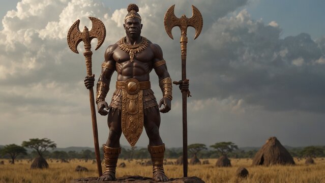 Sculpt Ogun, the African god of war and craftsmanship, holding an iron hammer, set against the African savannah and tribal villages, symbolizing the union of war and craftsmanship.