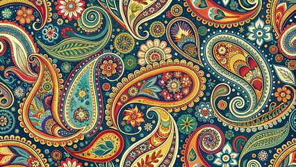 A vibrant tapestry of swirling paisley patterns and blooming flowers, interwoven with ornate details in a mesmerizing display of colors and textures.