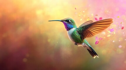 Naklejka premium Hummingbird in Flight with Falling Petals