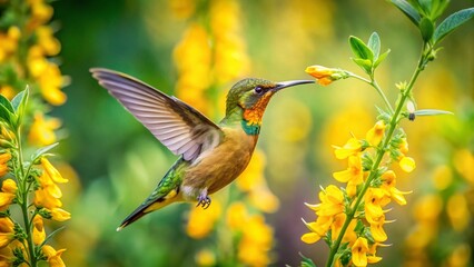 Naklejka premium Vibrant Hummingbird Feeding on Crotalaria Cunninghamii Flowers in a Lush Natural Environment