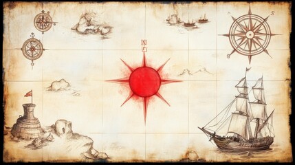 Fototapeta premium Vintage Nautical Map with Compass and Ship Illustration