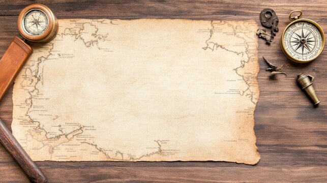 Vintage Map and Nautical Instruments on Wooden Table