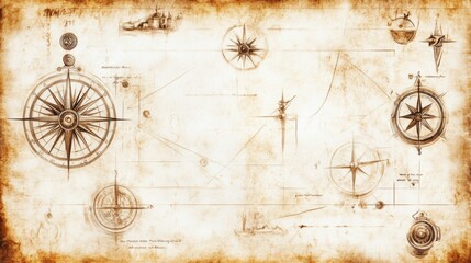 Vintage Nautical Map with Compasses and Navigation Tools
