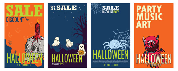 halloween sale banner. Greeting cards, posters, sale banners, flyers and invitations. Halloween spooky night with ghost, skull, spider, and cute devil. vector	