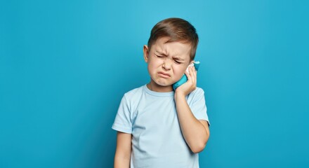 Boy holding ice pack to ear, blue background