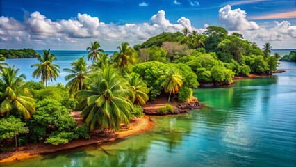Obraz premium Vibrant Landscape of Bubaque Island in Guinea-Bissau with Lush Vegetation and Serene Waterscape
