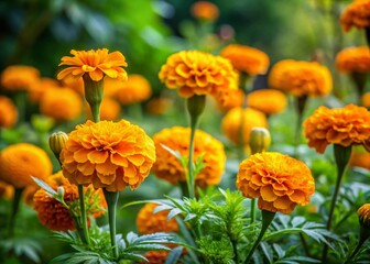 Vibrant marigold stems with lush green leaves showcasing their natural beauty in a garden setting