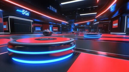 A dynamic smart factory environment with autonomous robots, depicting the streamlined processes enabled by 5G connectivity in modern manufacturing.