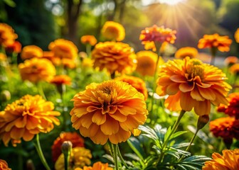 Fototapeta premium Vibrant Mary's Gold Flowers Blooming in a Sunlit Garden with Green Foliage Background