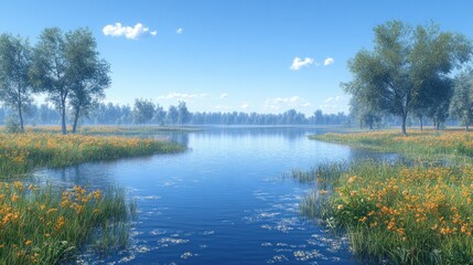 Serene lake surrounded by flowers and trees under a clear blue sky.