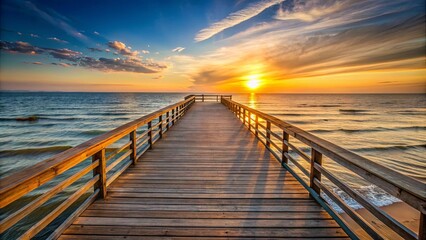 Fototapeta premium A wooden pier extends towards a brilliant sunset, the gentle waves of the sea reflecting the golden light