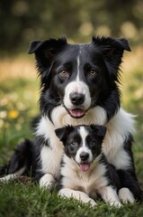 Fototapeta premium A Black and White Border Collie Sitting with Two Adorable Puppies in Natural Light