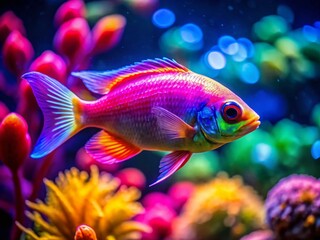 Fototapeta premium Vibrant Neon Glofish Swimming Gracefully in a Colorful Aquarium Under Soft Ambient Lighting